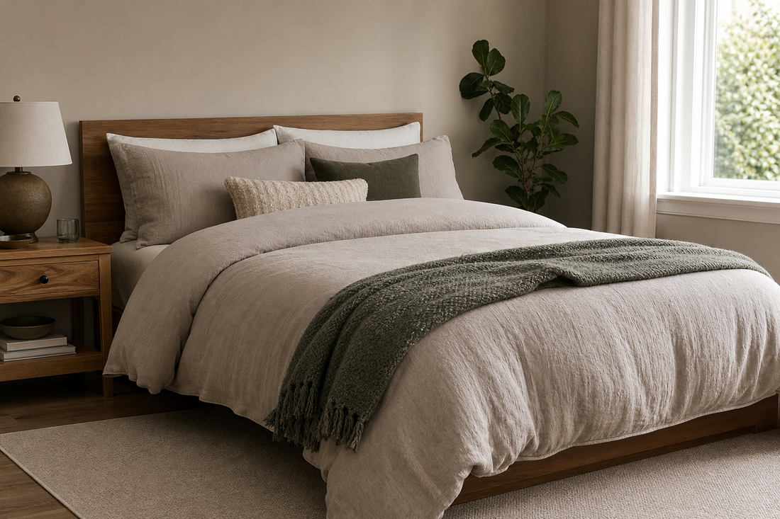 Neutral everyday comforter set on a neatly made queen bed in a bright practical bedroom