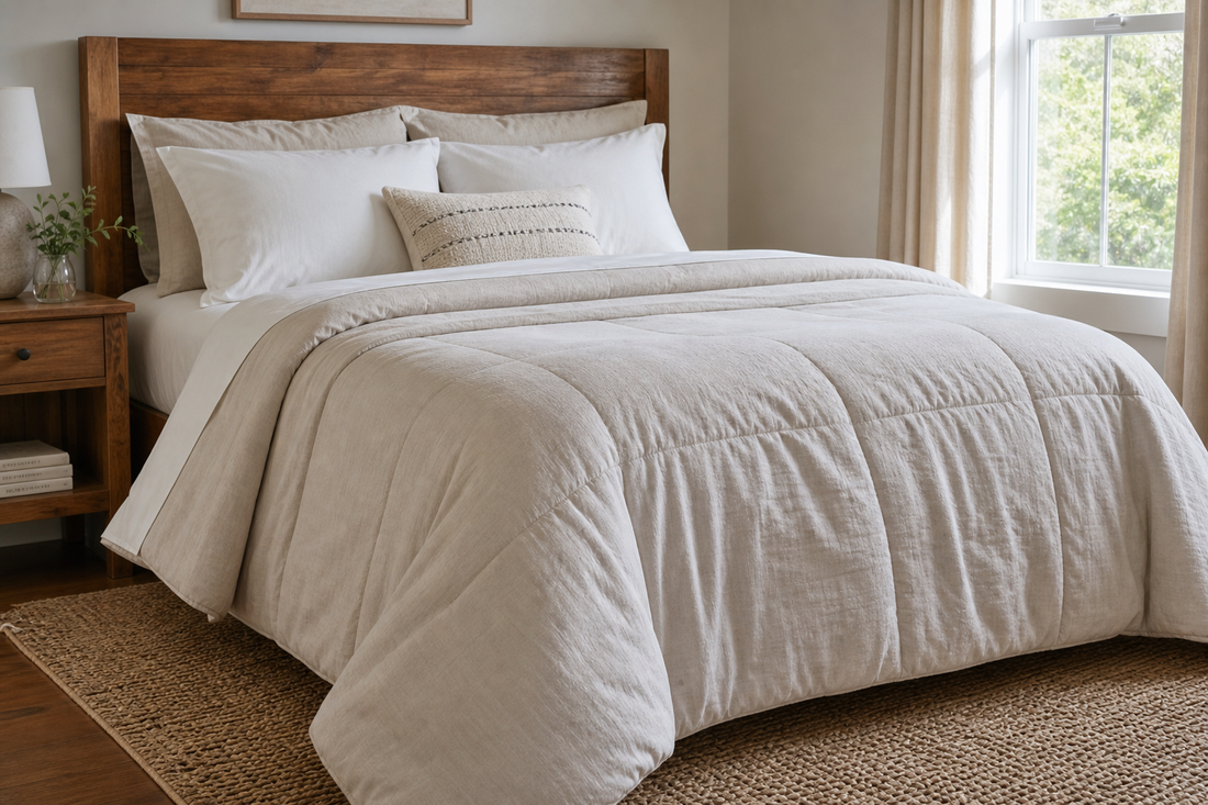 Coordinated bed in a bag bedding set with comforter, sheets, shams, and decorative pillow on a neatly made bed