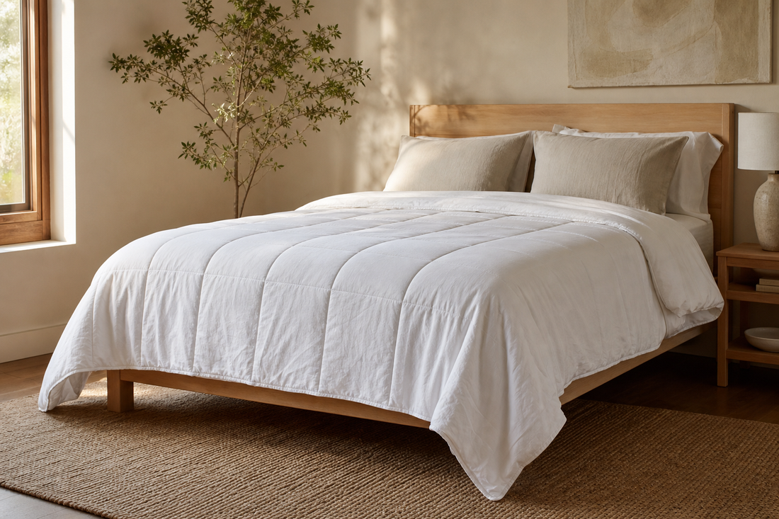 White 90 by 90 comforter styled on a queen bed with a modest side drape
