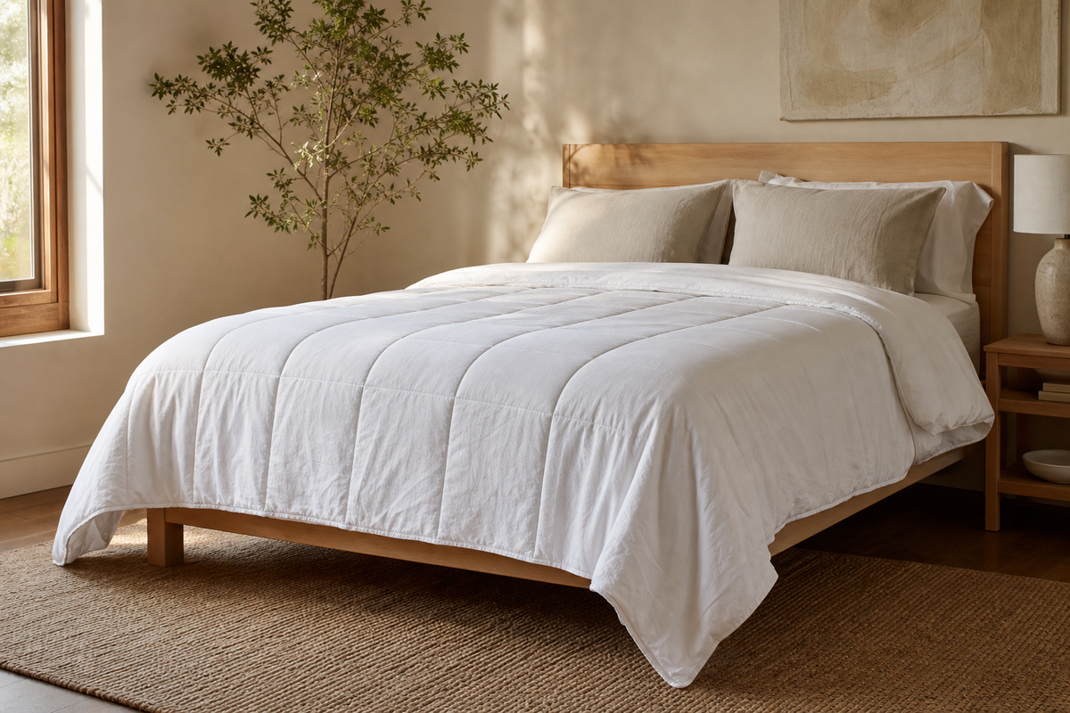 White 90 by 90 comforter styled on a queen bed with a modest side drape