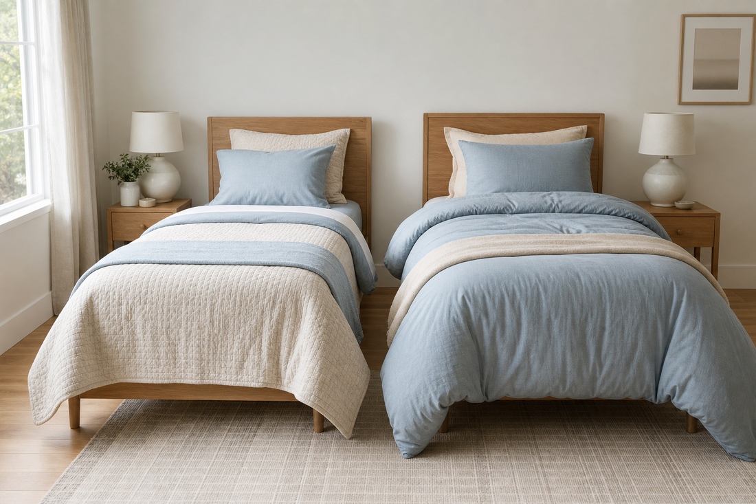 Twin and Twin XL beds side by side with proportionate neutral bedding in a bright bedroom