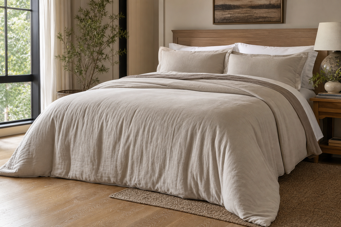 King bed with a generously sized neutral comforter draped evenly over both sides in a bright bedroom