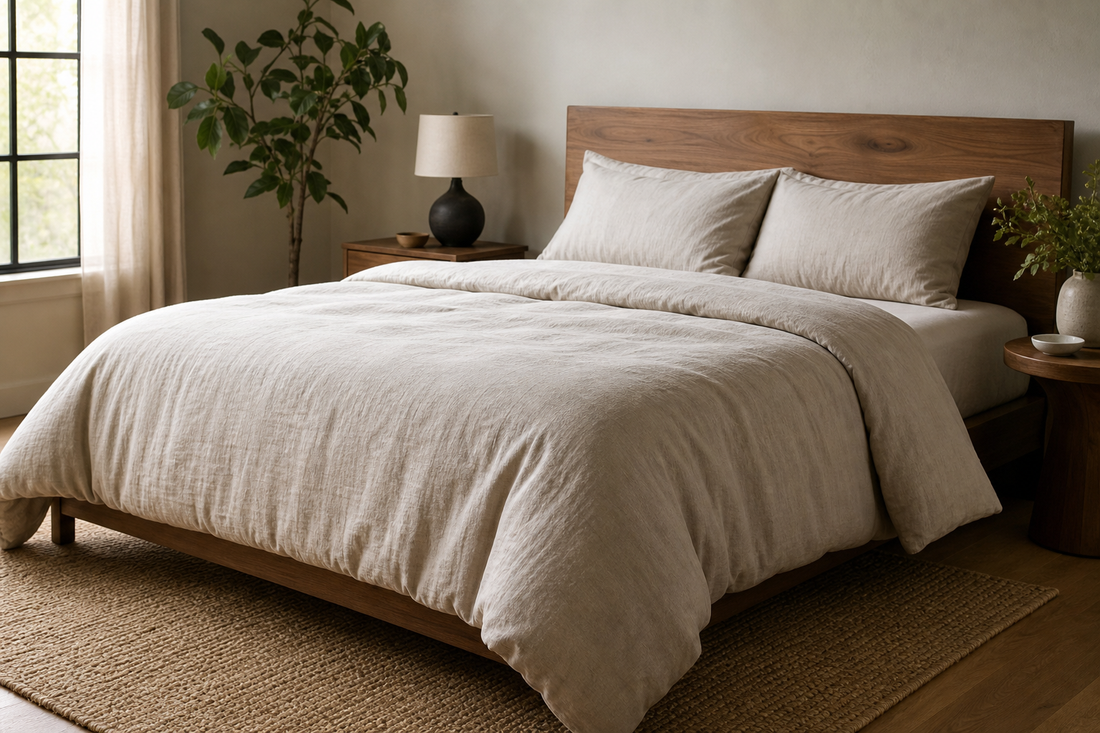Comforter draped over a made-up queen bed to show balanced side overhang