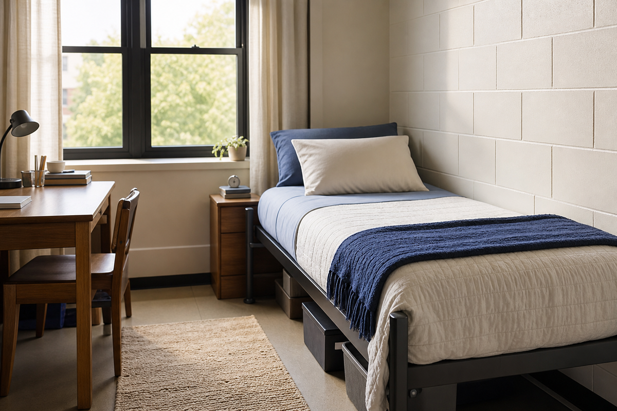 Twin XL dorm bed with neatly fitted sheets, a quilt, and a folded blanket in a bright college room