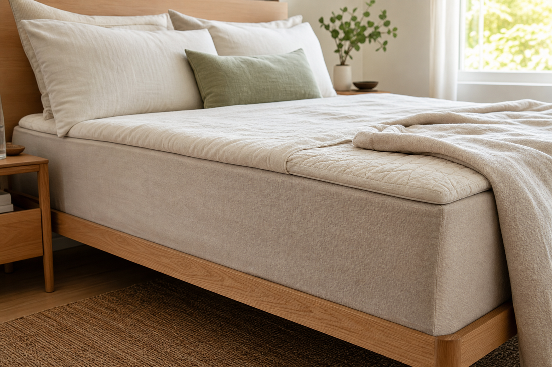 Deep pocket fitted sheet pulled smoothly over a tall mattress with a quilted topper