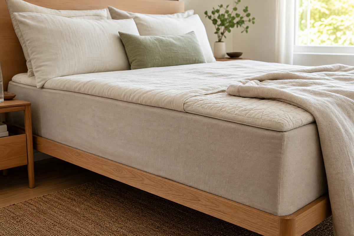 Deep pocket fitted sheet pulled smoothly over a tall mattress with a quilted topper