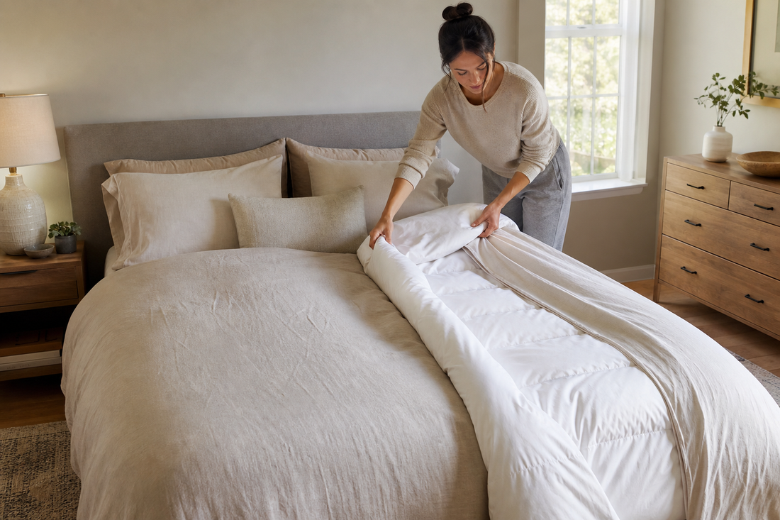 Neutral bed showing a duvet insert beside a finished comforter in a bright bedroom