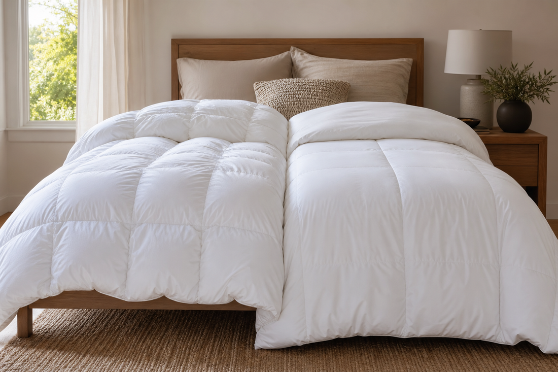 White down and down alternative comforters folded on a neatly made bed in a sunlit bedroom