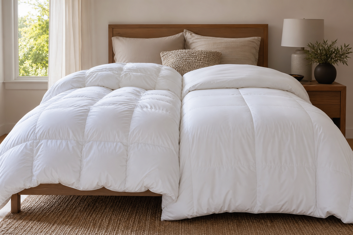 White down and down alternative comforters folded on a neatly made bed in a sunlit bedroom