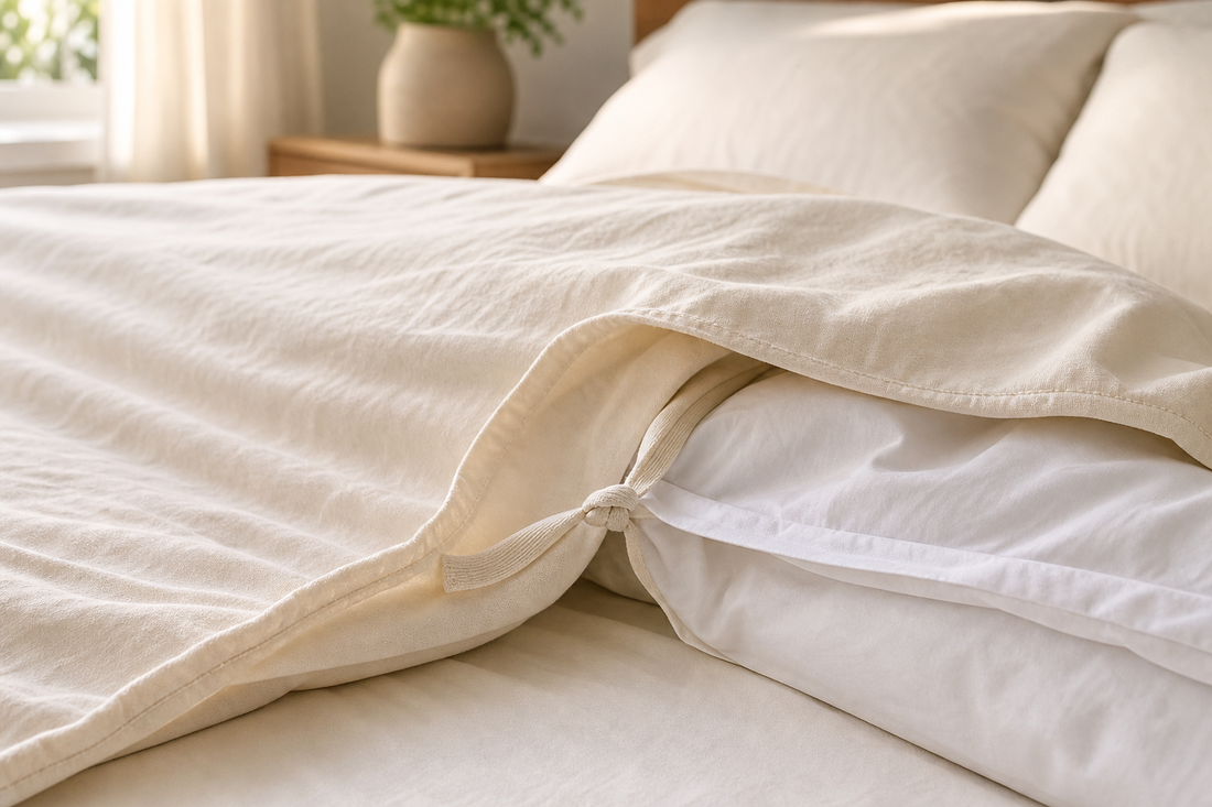 A white duvet insert corner loop tied to an interior tie inside a soft cotton duvet cover