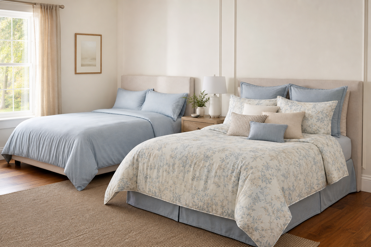 Made bed showing a simple three-piece comforter arrangement beside a layered seven-piece bedding arrangement