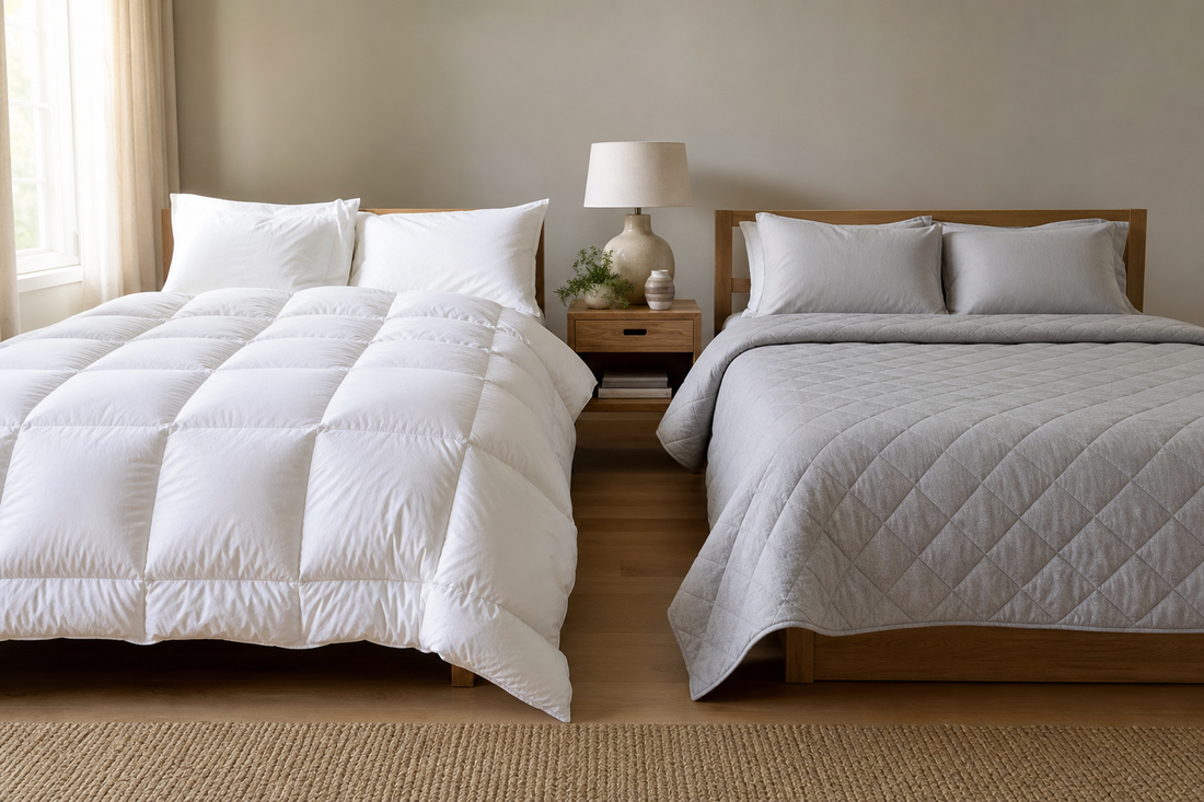 Box-stitch comforter and diamond-quilted comforter displayed on neatly made beds in a bright bedroom