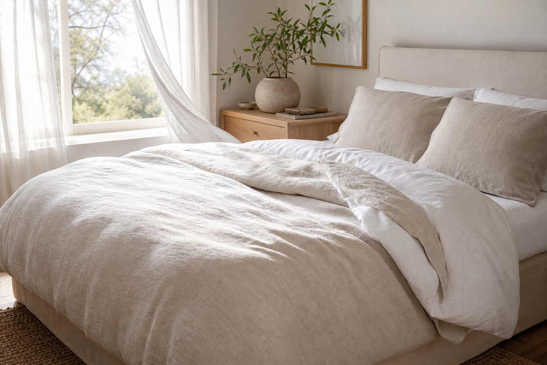 Lightweight white duvet insert in a breathable neutral duvet cover on a neatly made bed in a sunlit bedroom