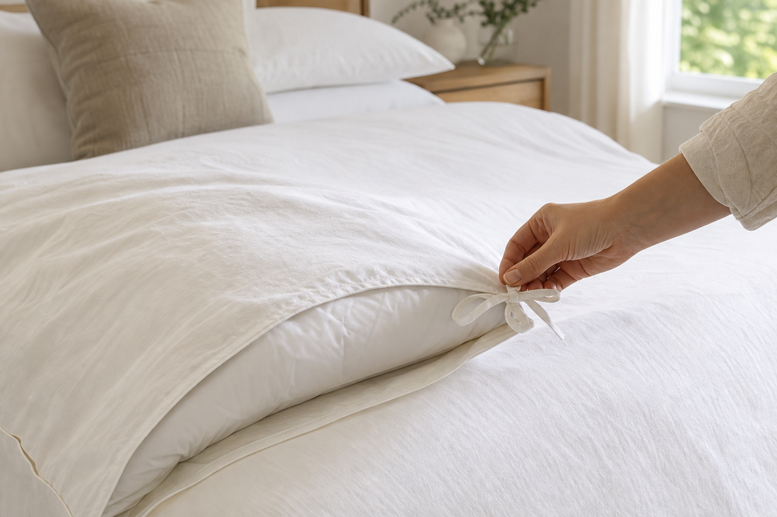 Duvet insert aligned inside an open white duvet cover on a neatly made bed