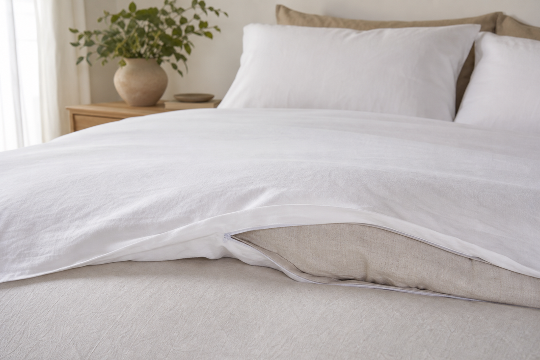 White duvet cover with a discreet hidden zipper along the bottom edge on a neatly made bed