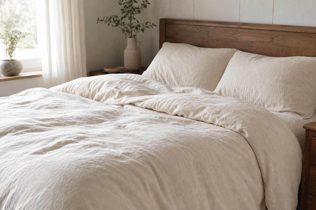 Relaxed washed cotton duvet cover with natural texture on a neatly made bed