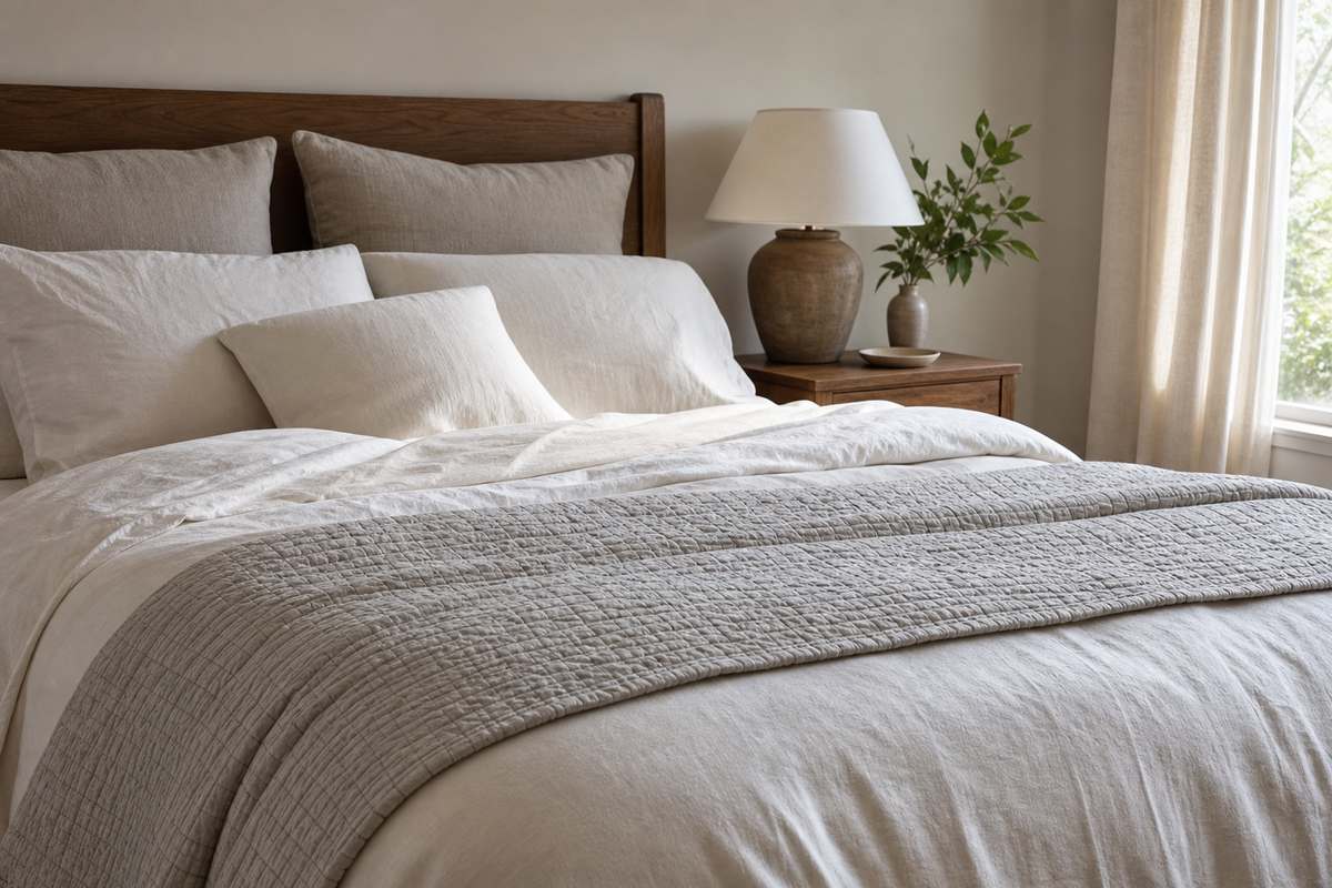 Neutral bedroom showing a duvet-covered bed layered with a folded quilted coverlet at the foot