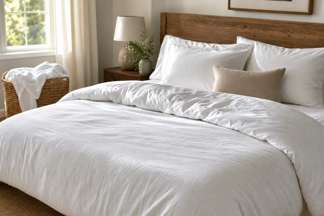 Freshly laundered cotton duvet cover draped across a neatly made bed in a bright bedroom