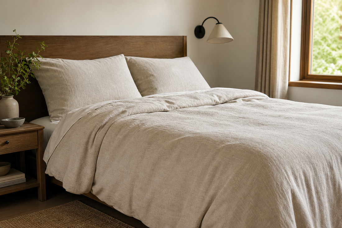 Relaxed textured cotton duvet cover on a neatly made bed in a softly lit bedroom