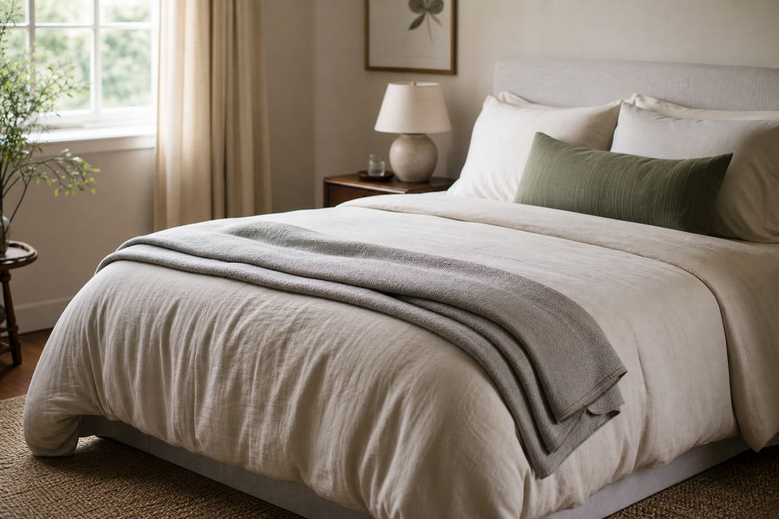 Layered bed with a lightweight comforter and folded blanket in a naturally lit bedroom