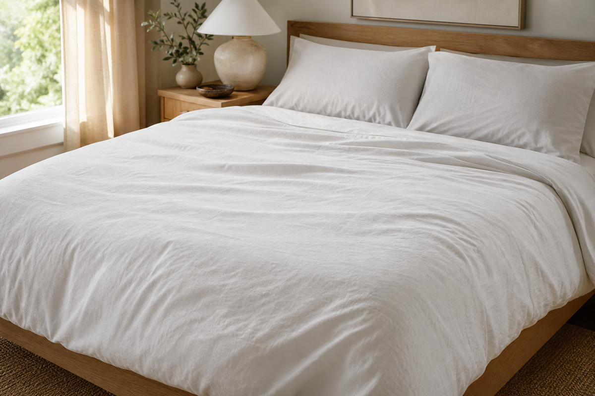 Freshly washed white cotton duvet cover draped across a neatly made bed in a sunlit bedroom