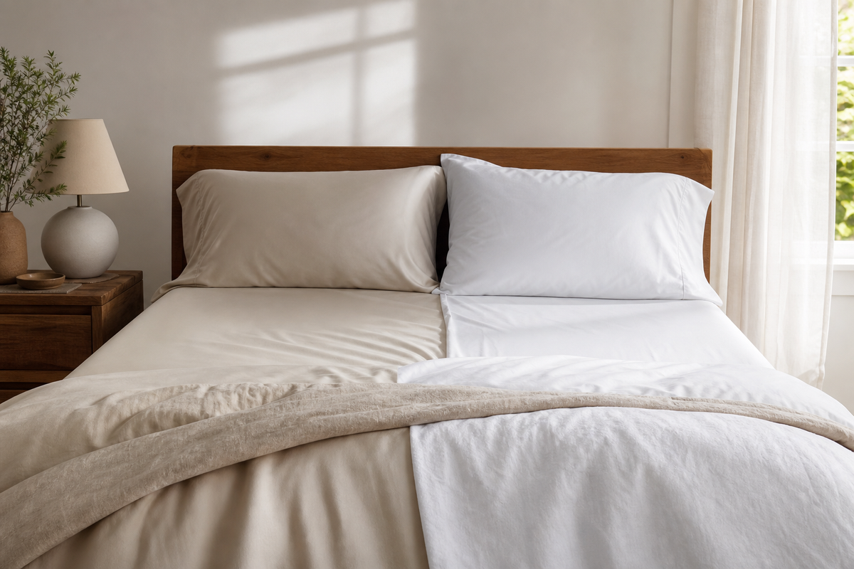 Airy bedroom with smooth bamboo-derived sheets and crisp cotton sheets layered on a neatly made bed