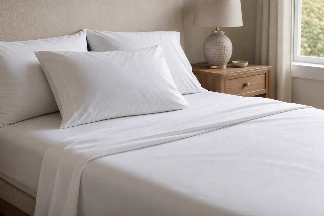 Smooth white cotton sateen sheets on a neatly made bed in a sunlit bedroom