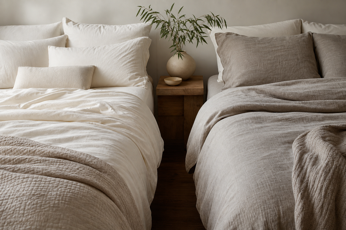 Washed cotton sheets and natural linen sheets layered on two neatly made beds in a sunlit bedroom