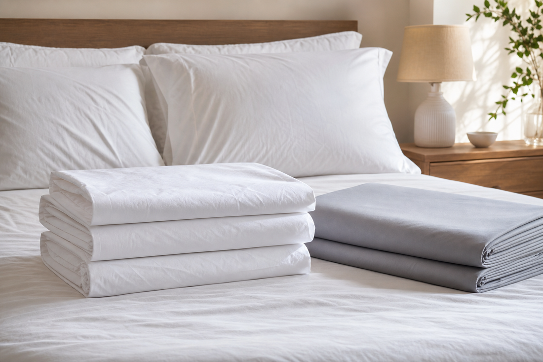 Folded white cotton sheets and soft gray microfiber sheets on a neatly made bed in a sunlit bedroom
