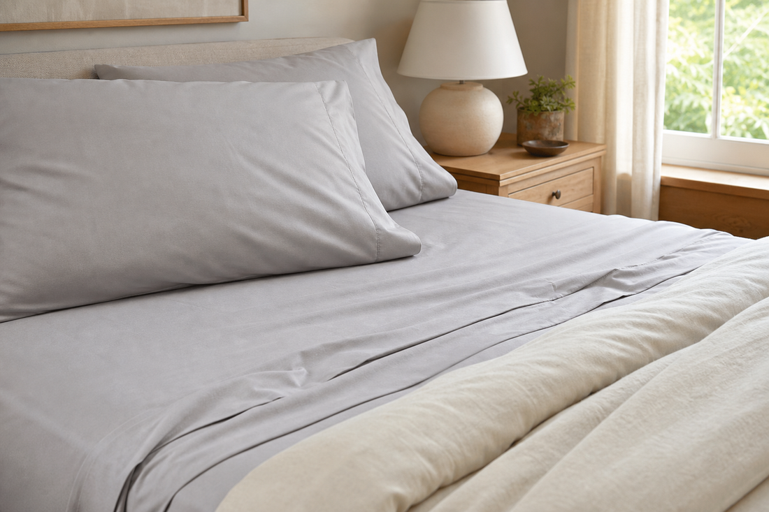 Neatly made bed with soft double brushed microfiber sheets in a bright, natural bedroom