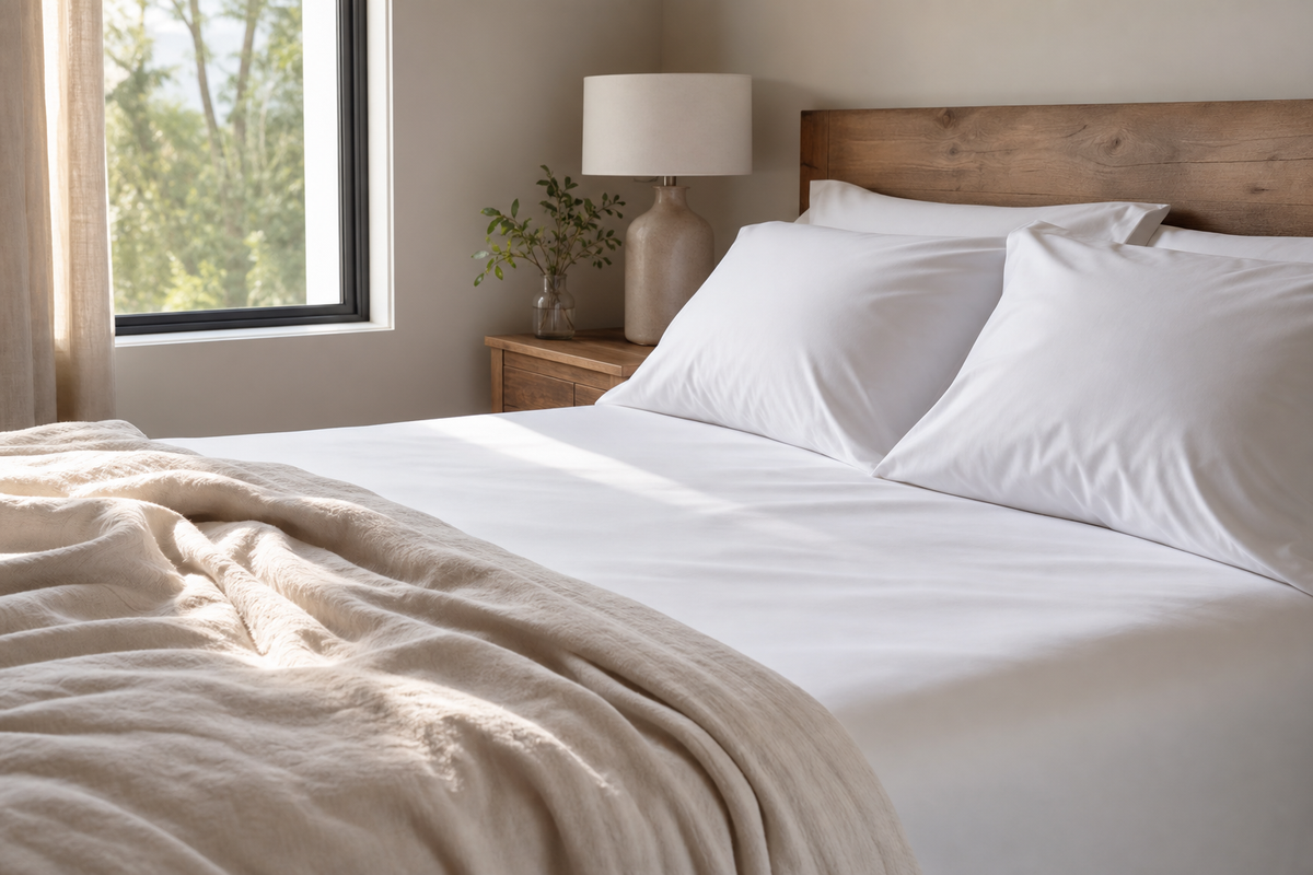 Neatly made bed with smooth white 400 thread count cotton sheets in a sunlit bedroom