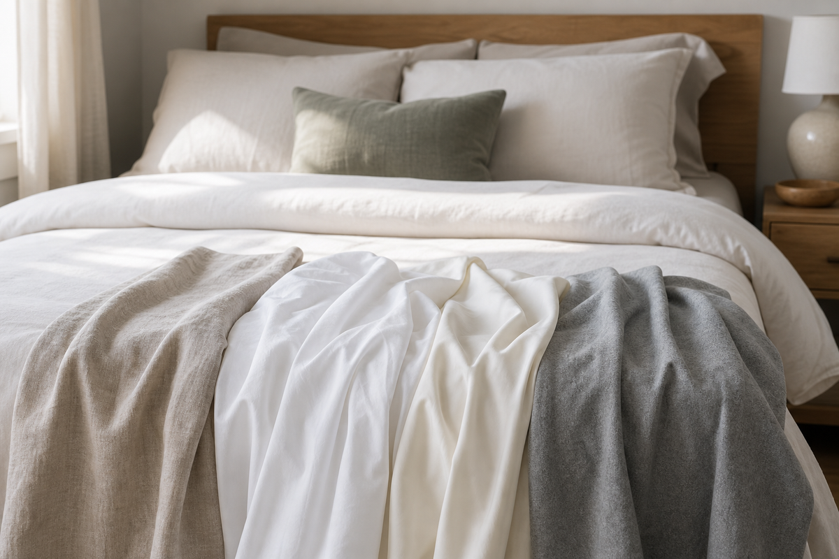 Airy linen, crisp cotton percale, smooth sateen, and soft flannel sheets layered on a neatly made bed