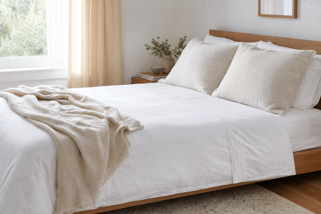 Airy white cotton percale sheets on a neatly made bed in a sunlit bedroom