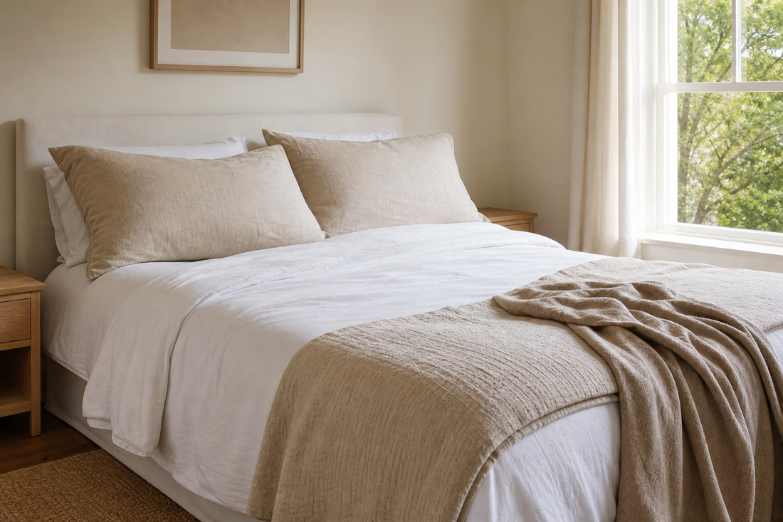 Airy neutral bed with lightweight cotton sheets, a folded quilt, and natural window light