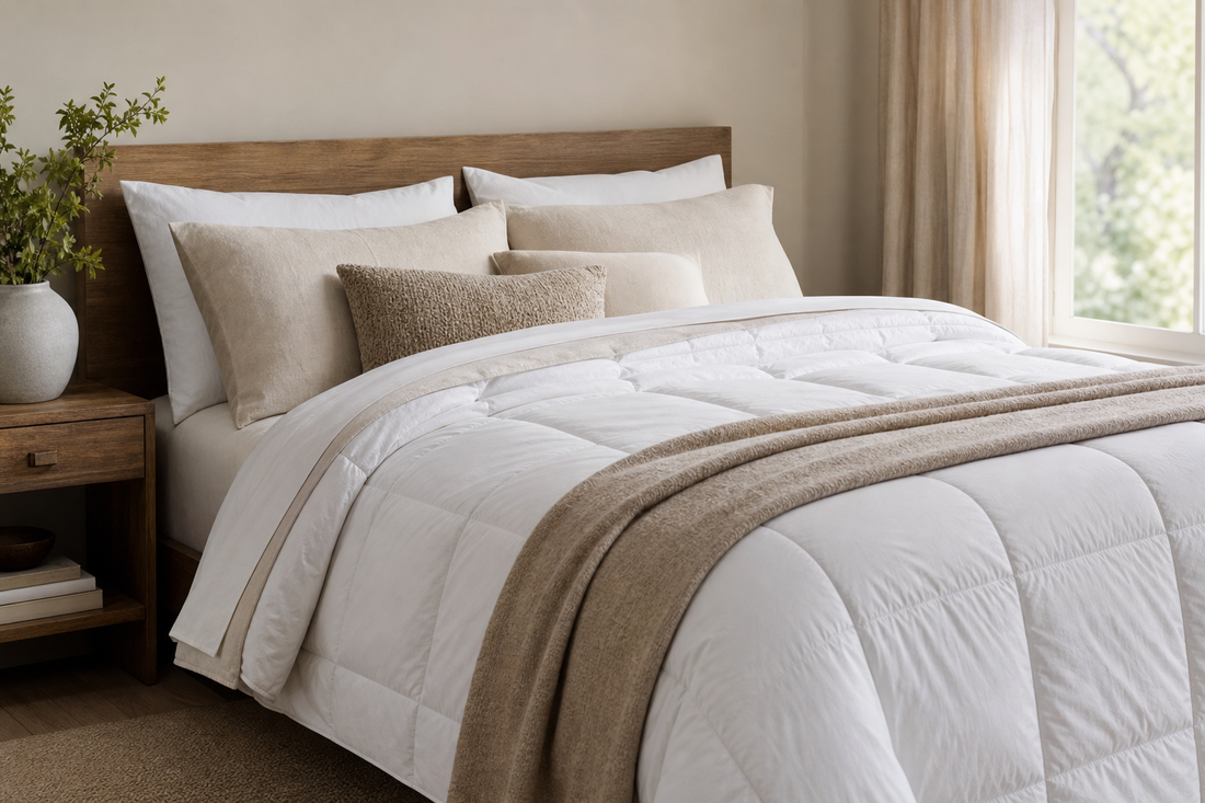 Neutral bedroom with a medium-loft all-season comforter layered on a neatly made bed