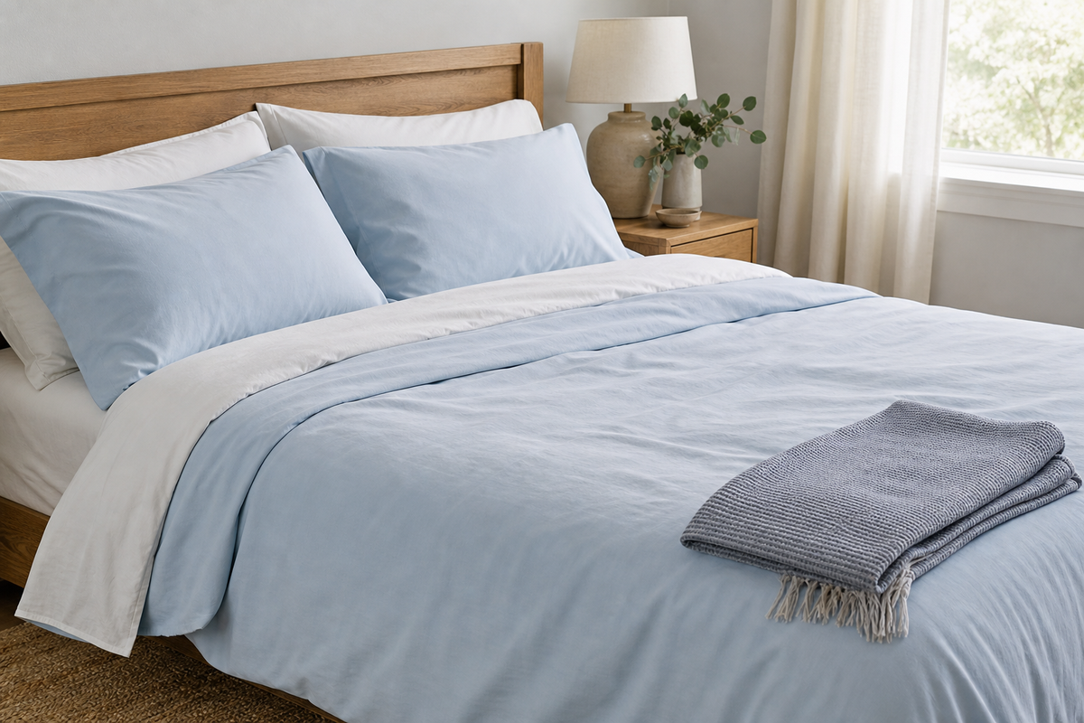 Smooth light-colored cool-touch bedding on a neatly made bed in a sunlit bedroom