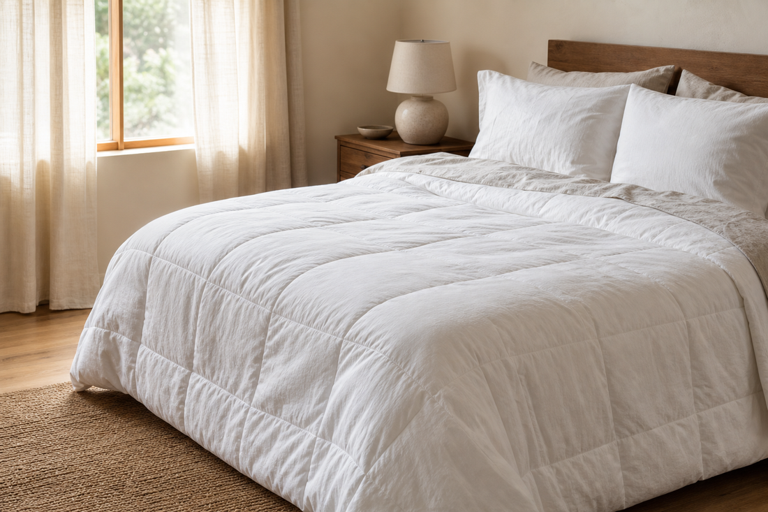 Lightweight white comforter loosely draped on a neatly made bed in a bright summer bedroom