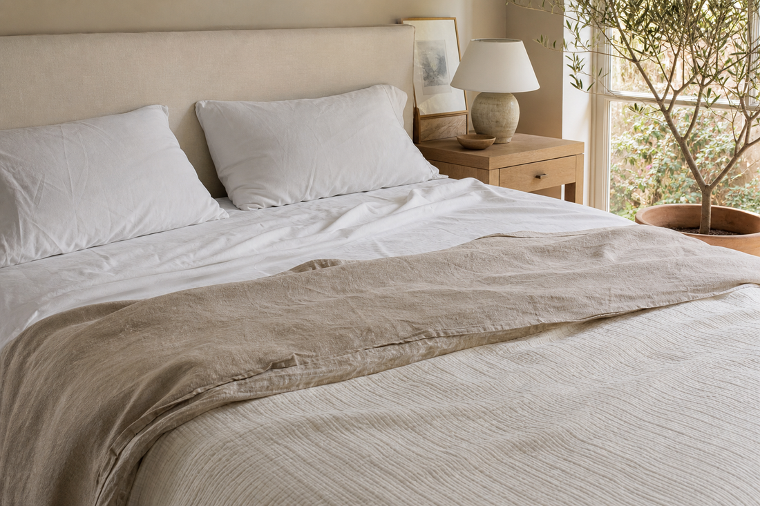 Lightweight linen and cotton bedding on a neatly made bed in a sunlit bedroom