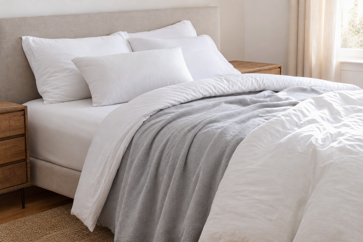 Lightweight comforter and breathable blanket layered on a neatly made bed in a sunlit bedroom