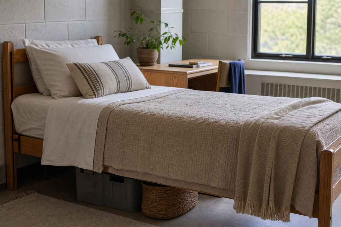 Lightweight neutral bedding layered on a Twin XL dorm bed in a bright summer residence hall room
