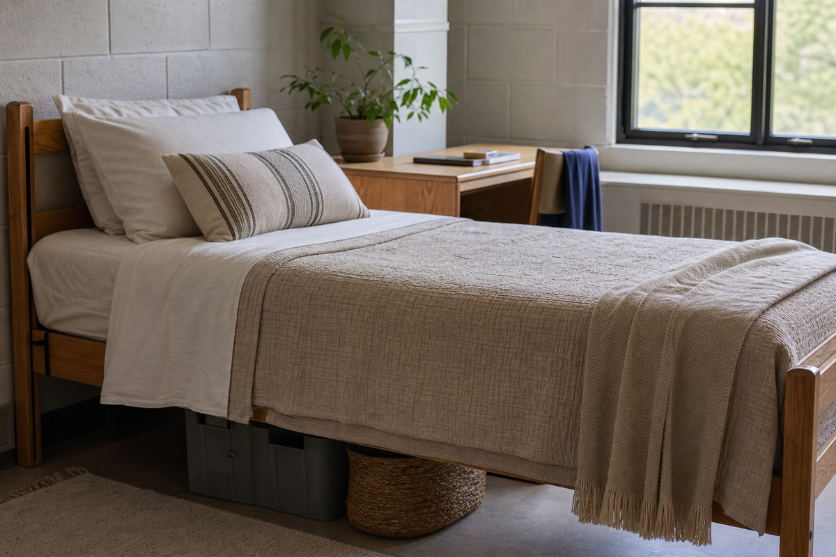Lightweight neutral bedding layered on a Twin XL dorm bed in a bright summer residence hall room