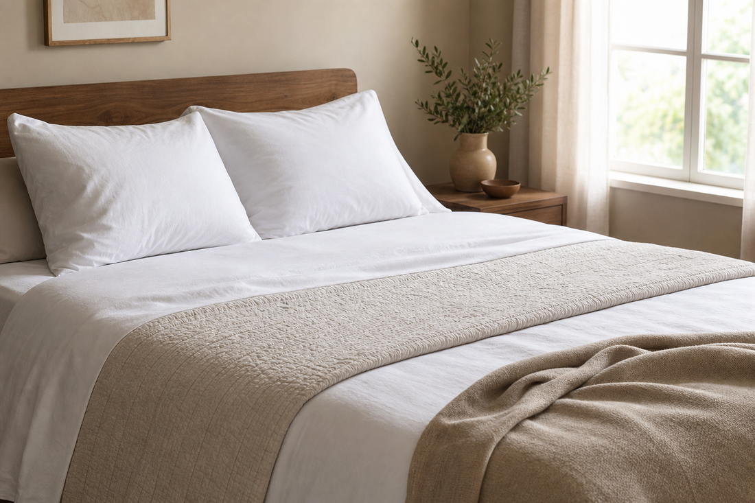 Airy bedroom bed with crisp cotton sheets, a folded lightweight quilt, and a separate breathable blanket in natural morning light