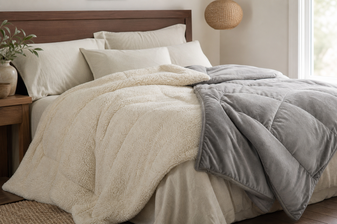 Sherpa and fleece comforters layered on a neatly made bed in a softly lit bedroom