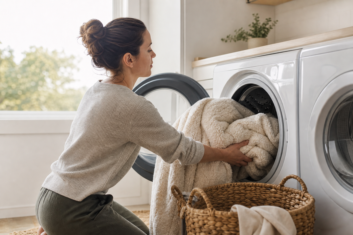 Sherpa comforter being placed into a large front-loading washing machine in a bright laundry room