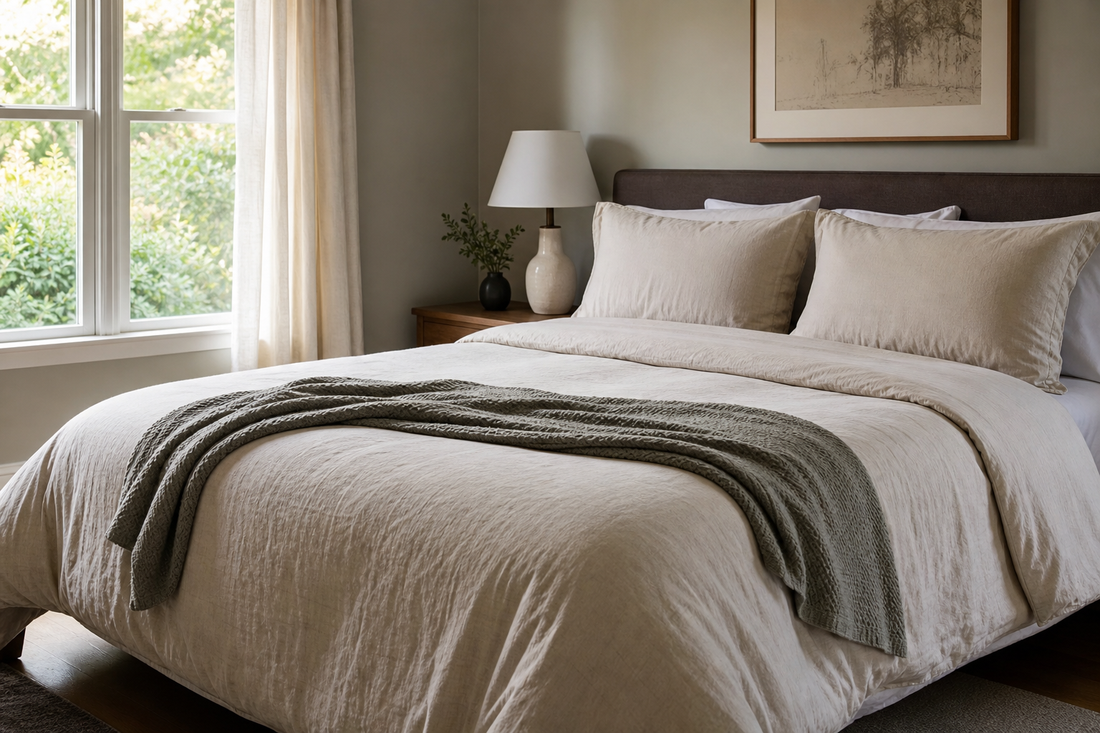 Neatly made guest room bed with a neutral comforter set and folded blanket in natural window light