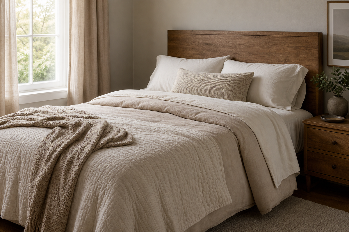 Neutral bedroom with an ivory quilted bed, oatmeal duvet, woven throw, and textured lumbar pillow