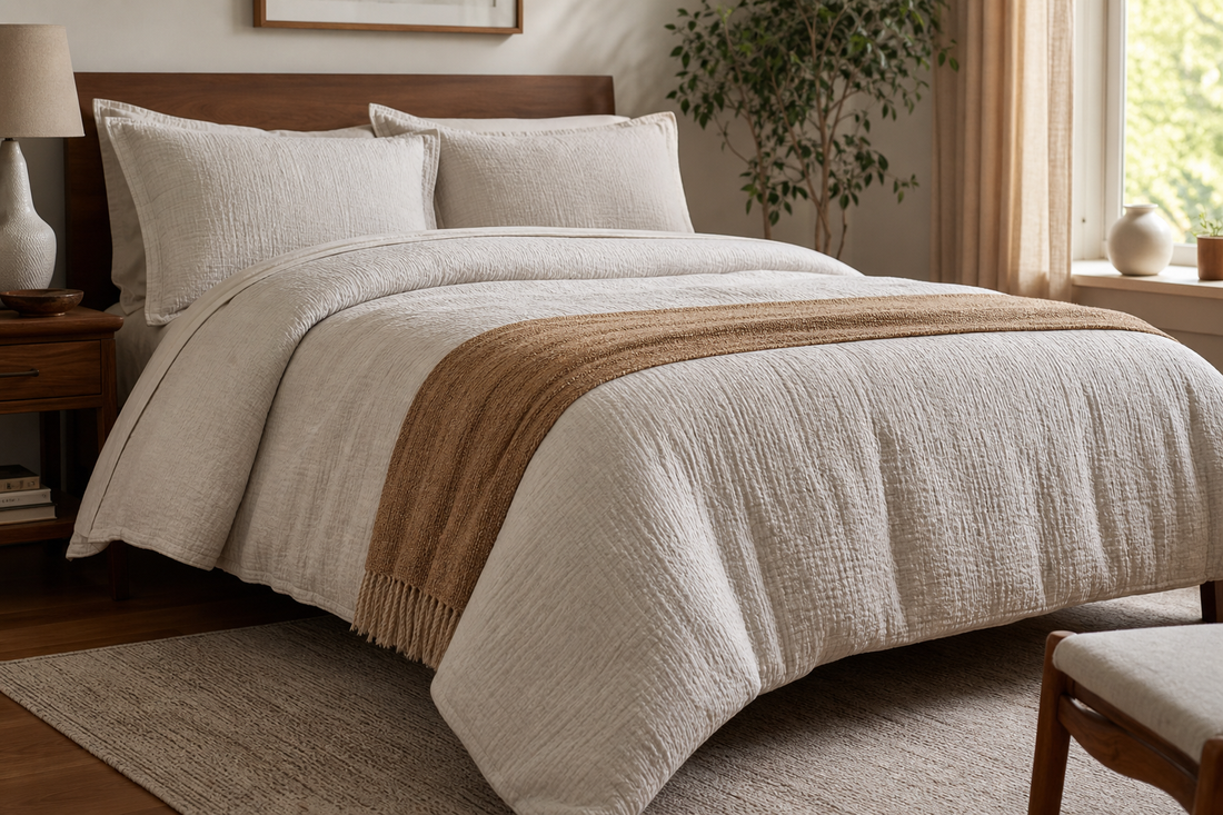 Neutral comforter set draped on a neatly made queen bed in a sunlit bedroom