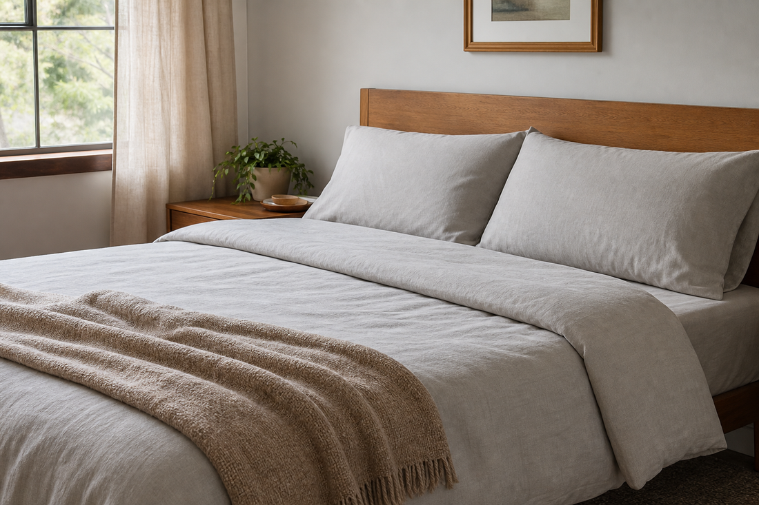Neatly made queen bed with a coordinated comforter, shams, sheets, and folded blanket in a bright bedroom