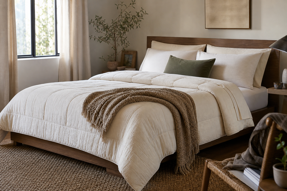 Queen bed with a softly draped neutral comforter showing balanced side overhang