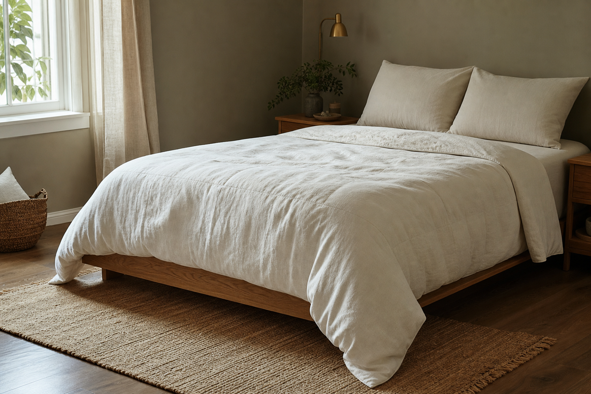 An 88 by 88 inch comforter styled with moderate side drape on a queen bed